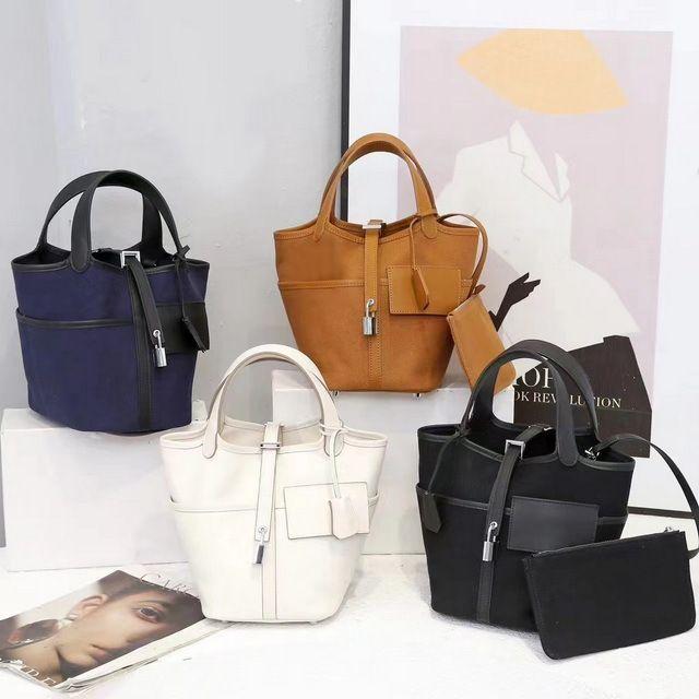 2026 New Cowhide with Canvas Vegetable Basket Bag Lock Pocket Change Bag Fashion Casual Portable Canvas Bag