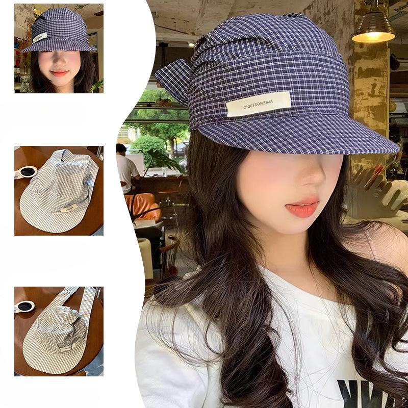 Spring and Summer Korean Style Literary Checkered Straps for Women with A Small  Versatile Flat Brimmed Baseball Cap Sun Protection Sun Hat