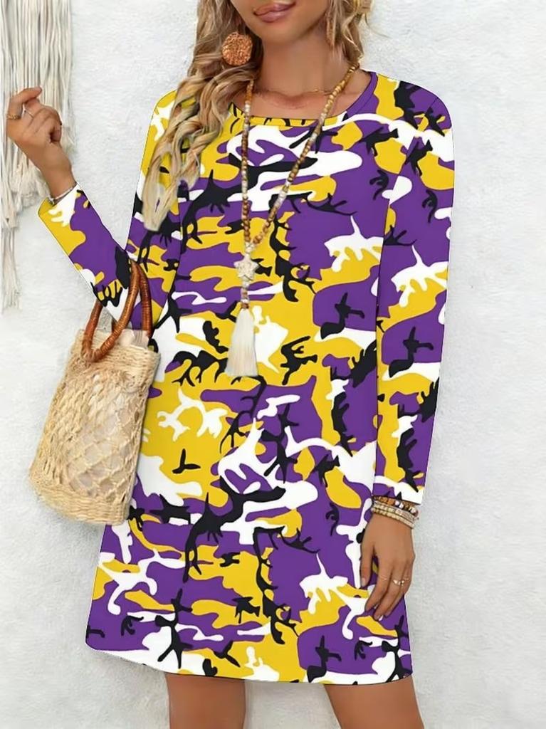 Ladies' Long Sleeved Round Neck Casual Mini Dress, 3D Retro Camouflage Printed Casual Vacation Dress