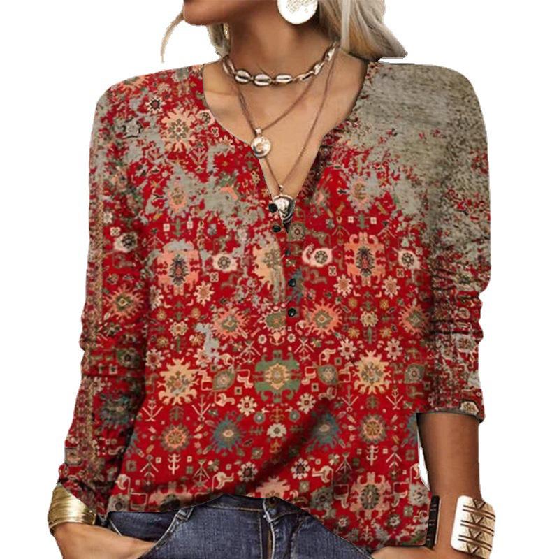 2023 Autumn/Winter European & American Women's Long-Sleeve Ethnic Print Fashion T-Shirt