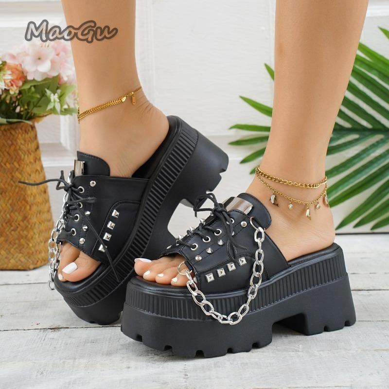Fashion Women Summer 2025 Fashion Slippers Size42 Thick Heel Chain Rivet Decor Platform Slippers Punk Style High Heels Zapatos De Mujer