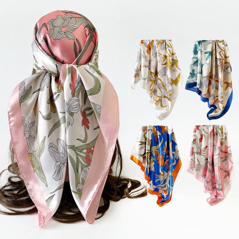 90cm Satin Printed Headscarf, Classic Floral Large Scarf, Women’s Shawl