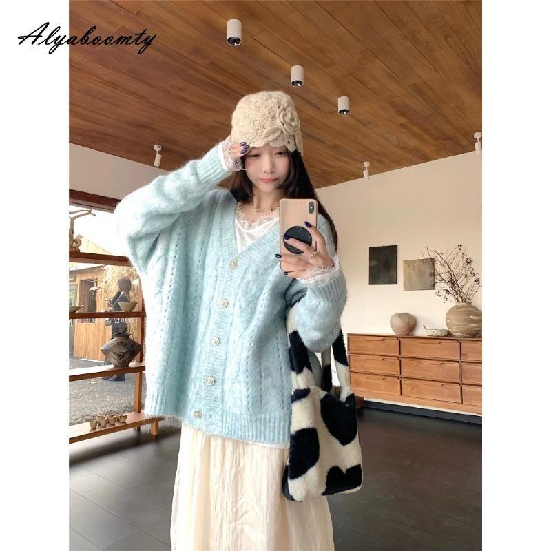 Korean Fashion Autumn Winter Women Knitted Sweater V Neck Oversized Blue Knitting Cardigan Baggy Ladies' Sweet Warm Outerwear