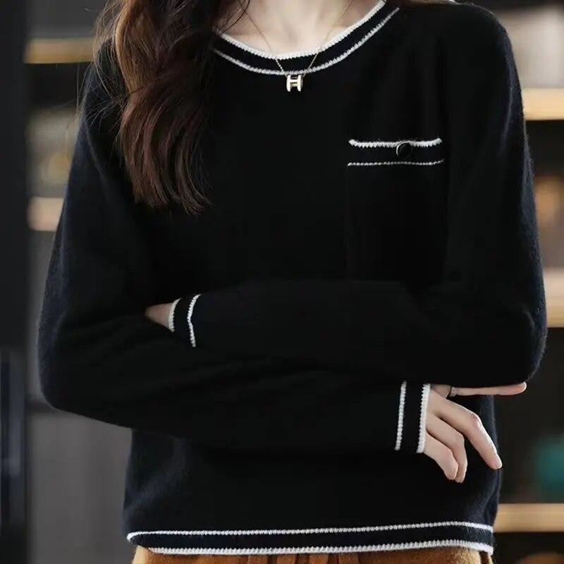 Sweater Pullover Female Spring and Autumn New Loose Colored Collar Round Neck Elegant Wool Knitted Sweater Pullover Female Top