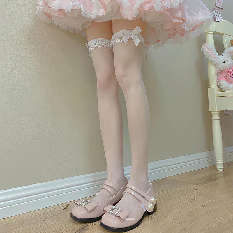 Women's Japanese Lolita Bow Lace Mid-Calf Socks - Black, Thin Summer Silks