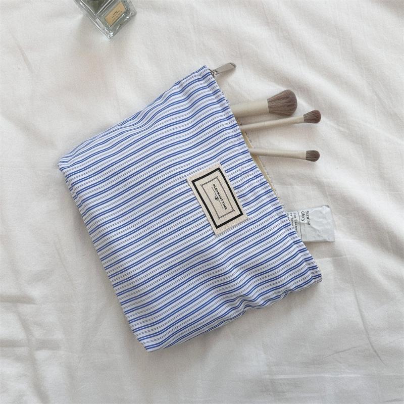 Blue Striped Women's Makeup Case Wash Storage Bags Casual Canvas Ladies Cosmetic Bag Travel Female Clutch Purse Handbags