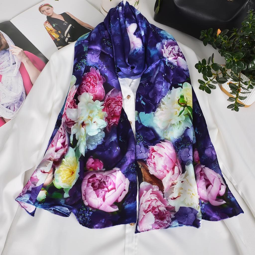 Blue Purple Silk Scarf Foulard Women Brand China Peony Long Scarves Printed Fall Winter100% Silk Ladies Scarf 170*53cm