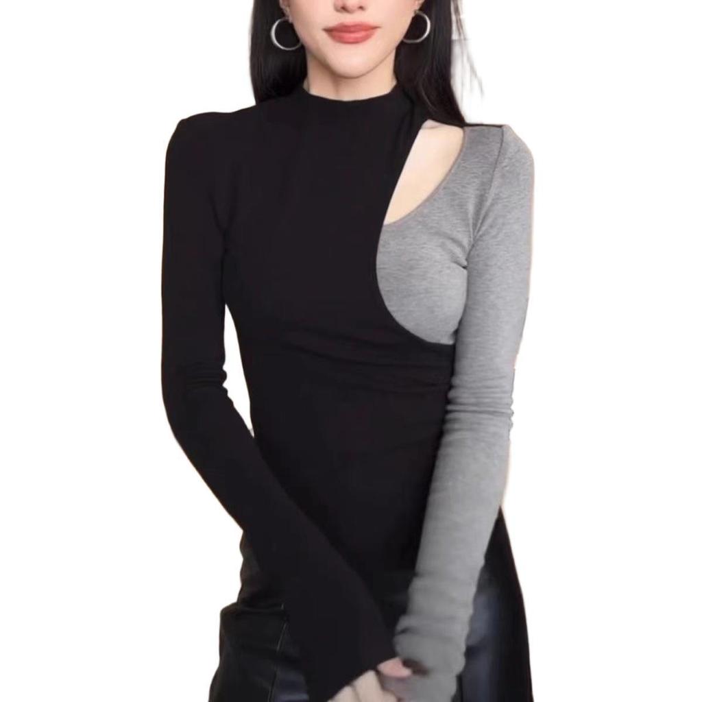 Original Quality Spicy Girl Cutout Color Block Long Sleeve Women's Slimming T-shirt for Autumn/Winter