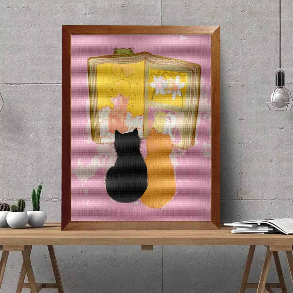 Diamond Painting Kit with Frame Cute Cats Reading Book Art 5D Full Drill Rhinestones Embroidery 30x40cm Living Room Bedroom Wall Decor Gift for Her
