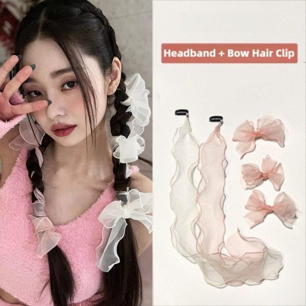

6pcs Long Ribbon Bowknot Hairpin Barrette White Lace Hair Accessories Photography Prop рожевий