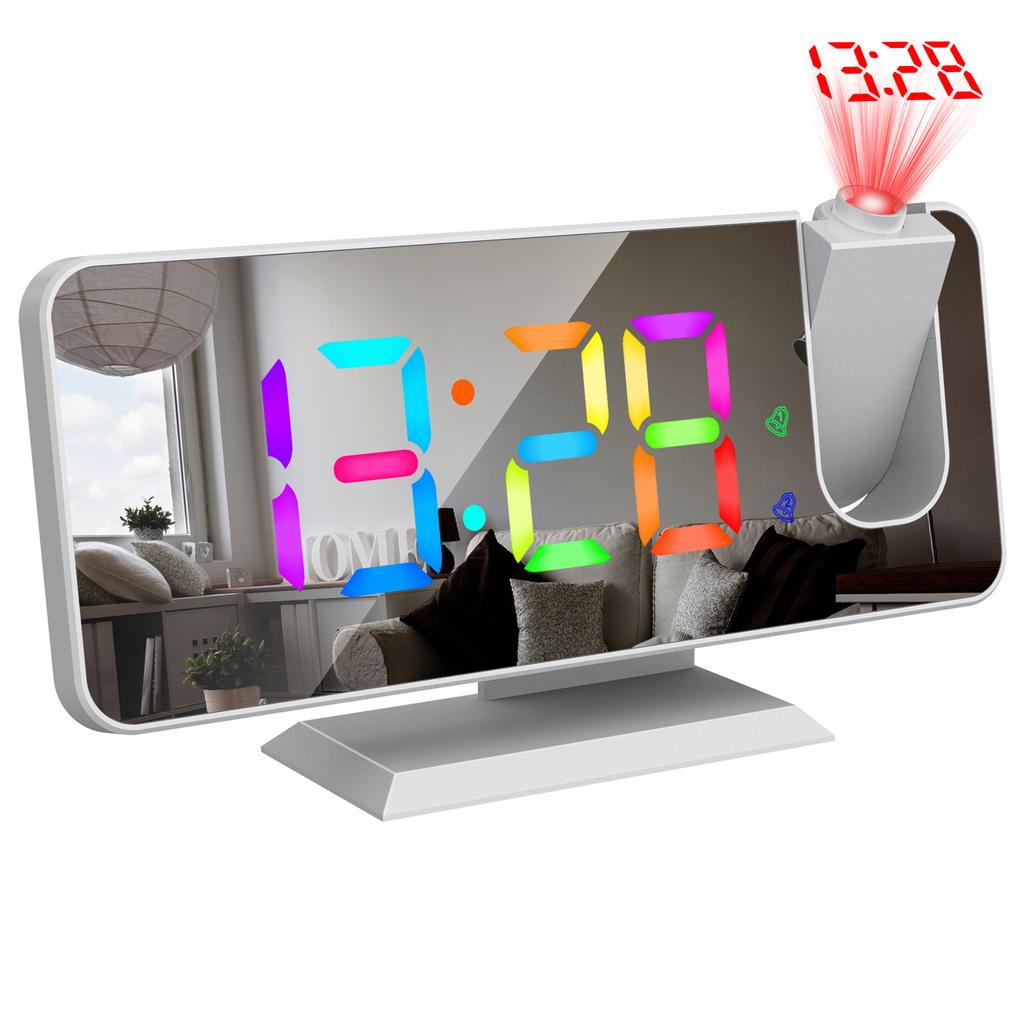 Digital 180 degrees Projection Alarm Clock with Dynamic RGB Light Brightness Snooze Dual Alarm Setting USB Port Mirror Clock for Be