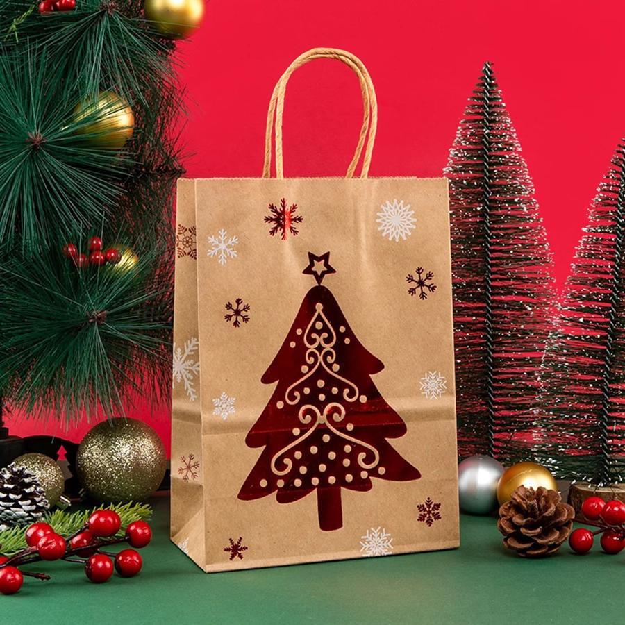 5PCS Christmas Tote Bag Christmas Eve Party Gifts Kraft Paper Gift Bags Hot Stamped Elk Snowflake Bags