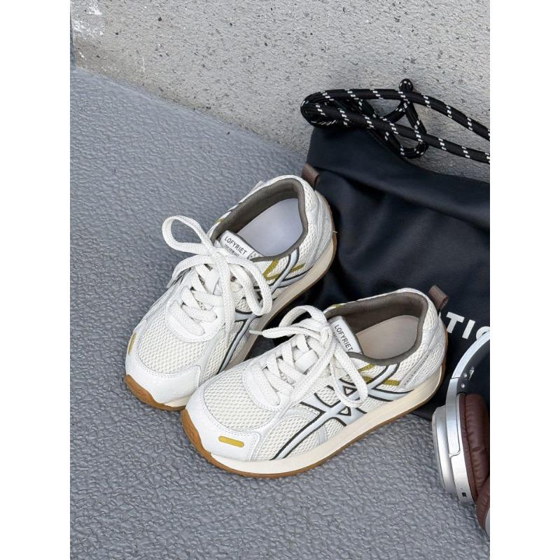 Retro leather color matching spring and summer new round head thick sole heightening breathable mesh sneakers