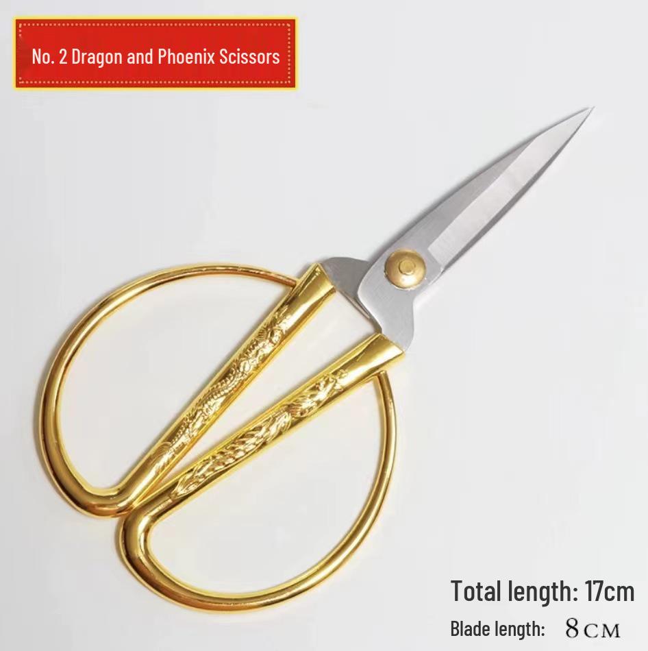 Gold Stainless Steel Dragon and Phoenix Ribbon Cutting Scissors with Zinc Alloy Handle - Tailor Wedding Gift