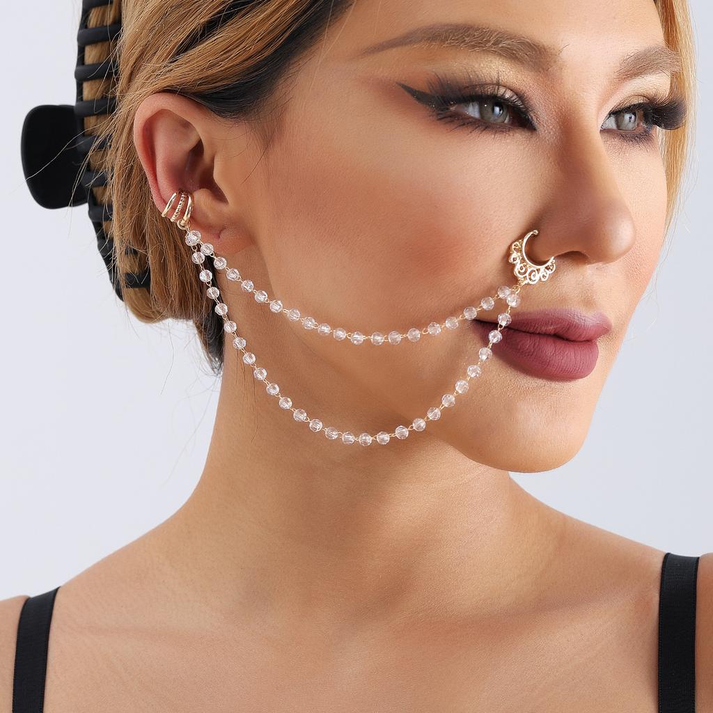 European and American Foreign Trade Jewelry, Ethnic Style Piercing Earrings, Double-layer Nose Nails, Stage Non-punching Imitation Crystal Nose Rings