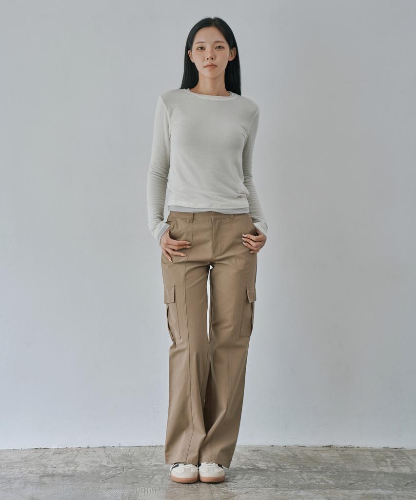 WAARFORWOMAN W1156 Cutout Straight Cargo Pants_Beige