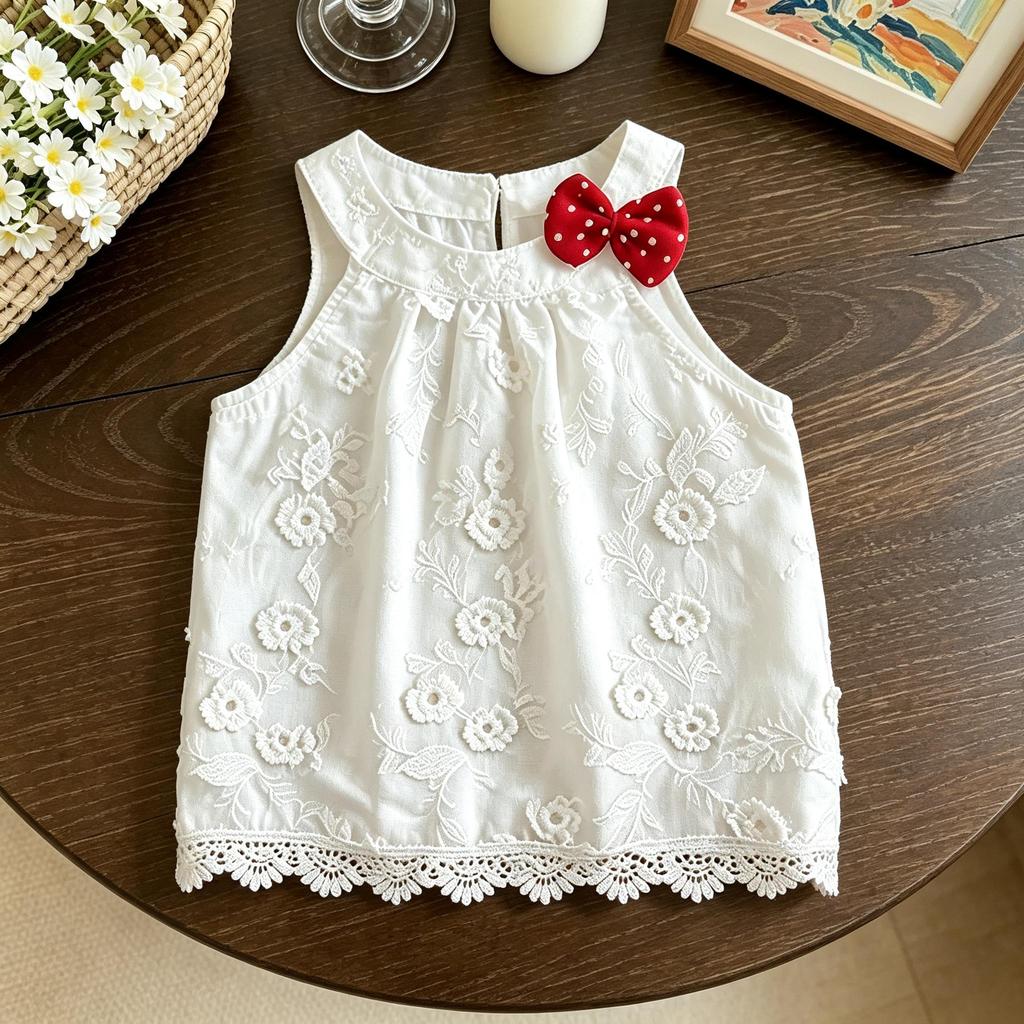 Summer Girls' 2-Piece Outfit 0-5 Years Old Toddler Lace Sleeveless Bow Top Polka Dot Bubble Shorts Kids Summer Casual Wear