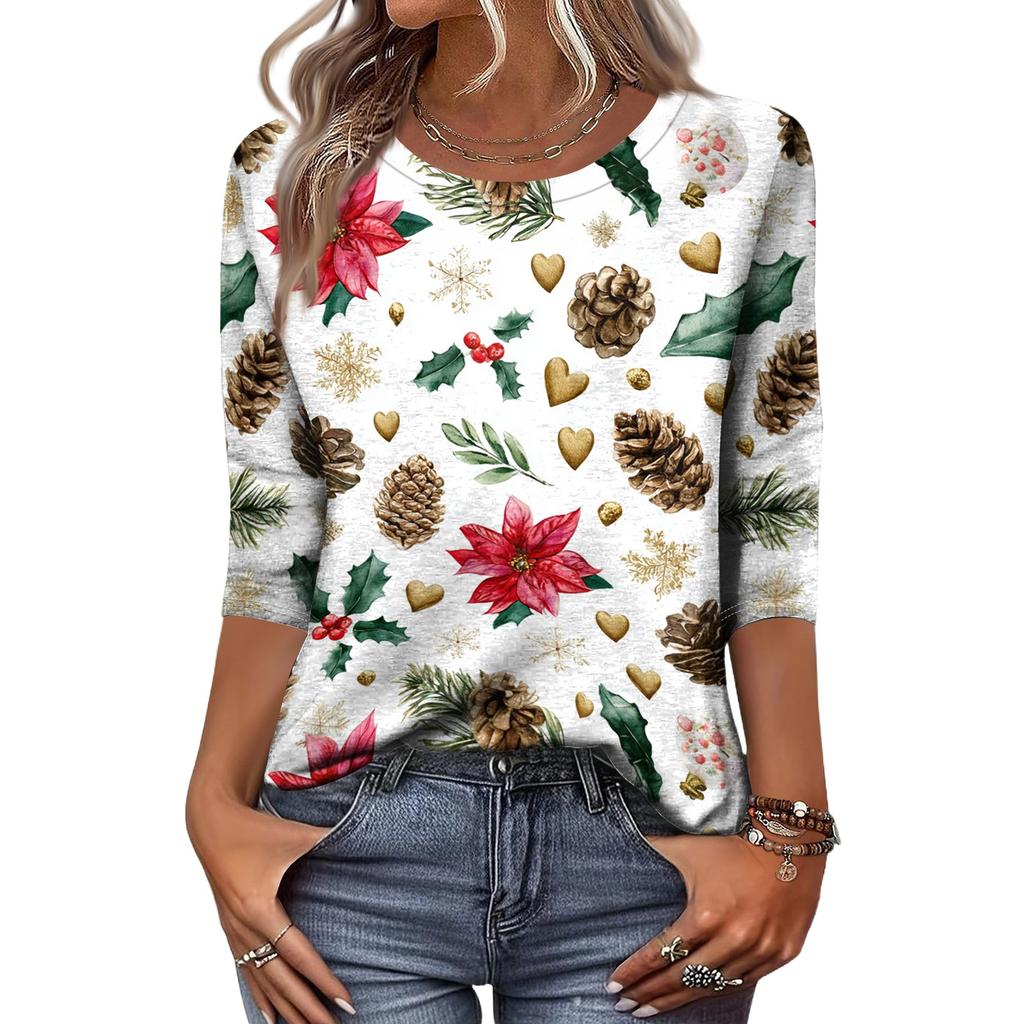 Women's Casual Christmas Print Three-Quarter Sleeve Neck Loose Fit Shirt