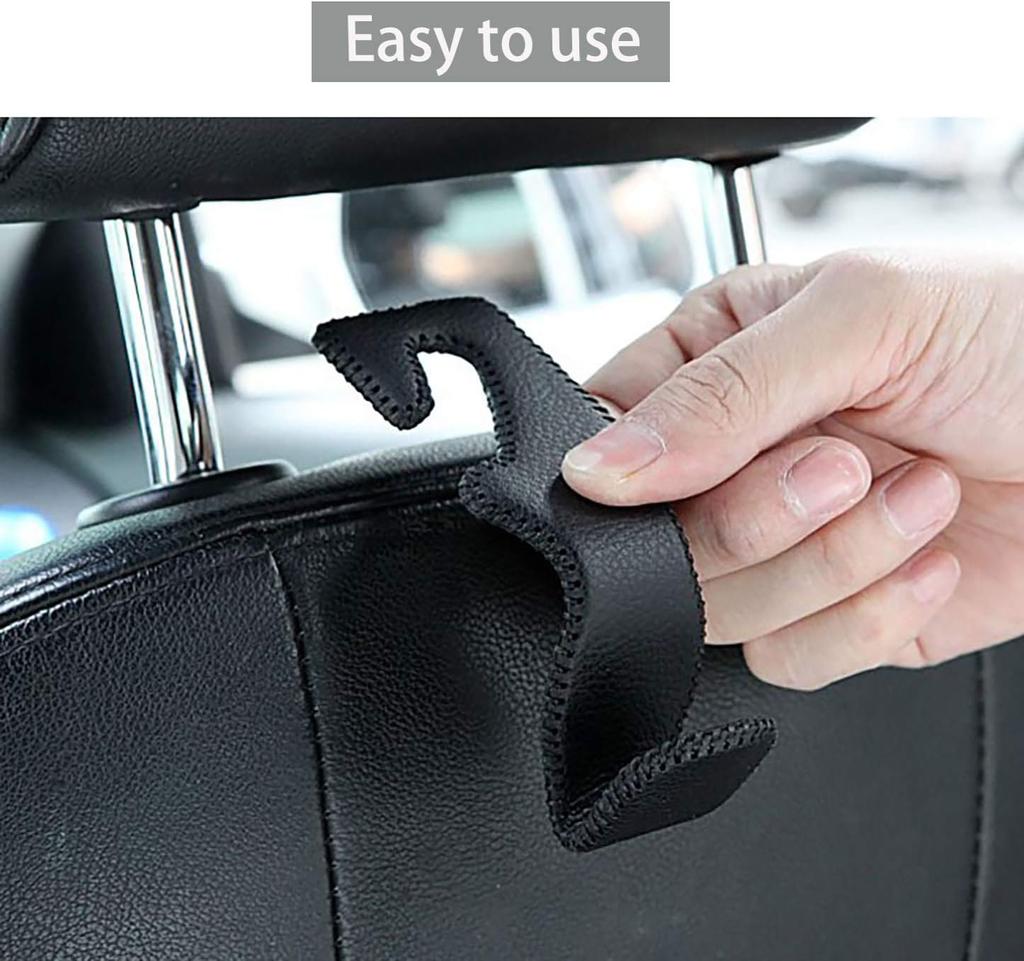 Headrest Hooks for Car, Back Seat Organizer Black Leather Hanger Holder Hook, for Hanging Purses and Bags and Coats, Pack of 2