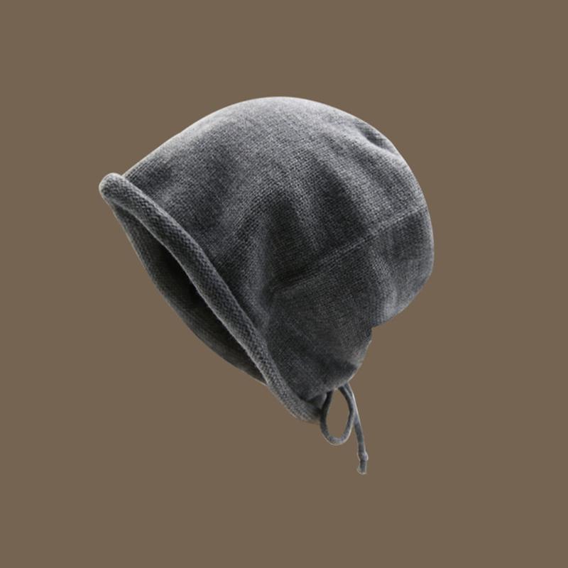 Autumn And Winter Pile Hat With Curled Brim And All-Match Warm Cold Hat With Large Head Knitted Drawstring Hat For Women