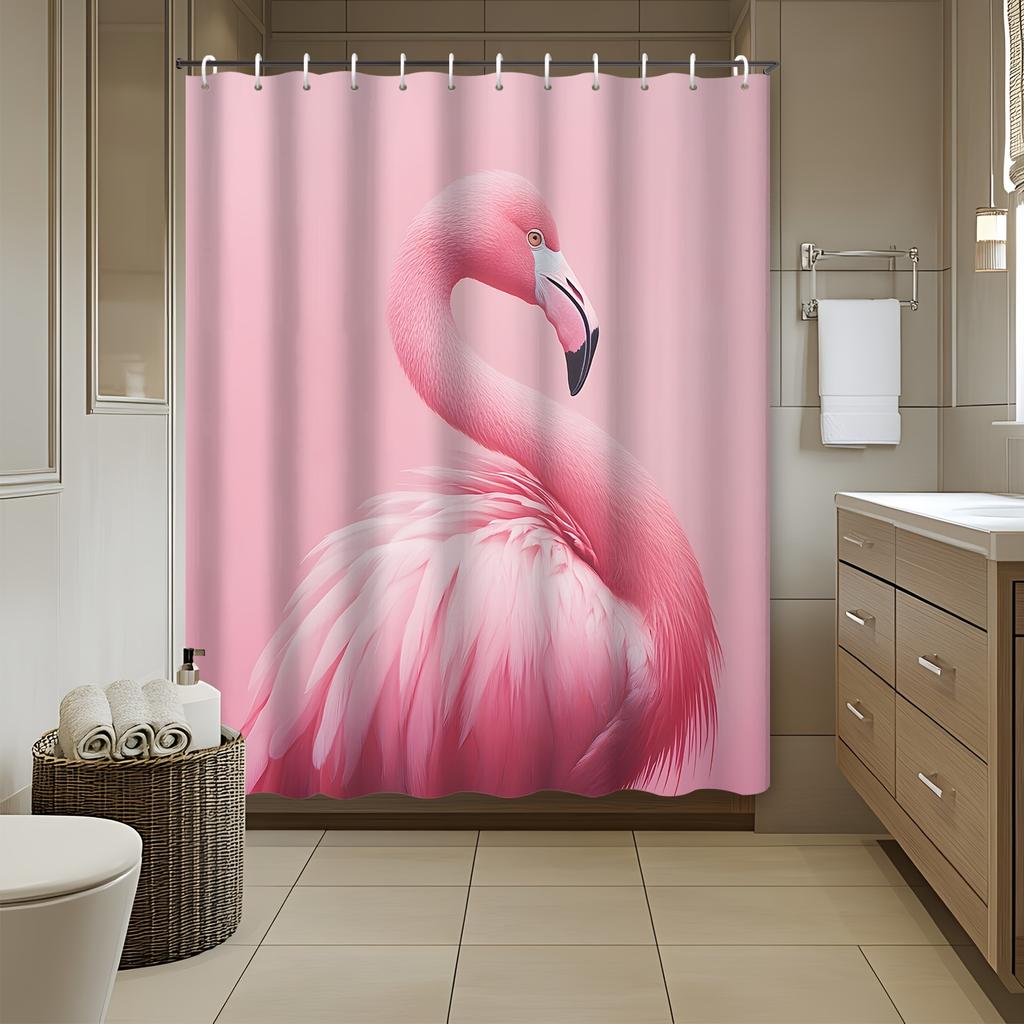 1pc Pink Theme Modern Animal Illustration Flamingo Bath Curtain Partition, Fabric Shower Curtain, Bathroom Accessories