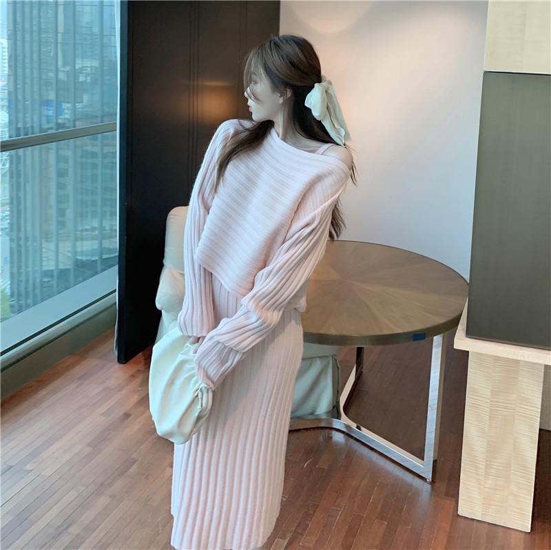 Pullover Sweater Knitted Sling Dress Set