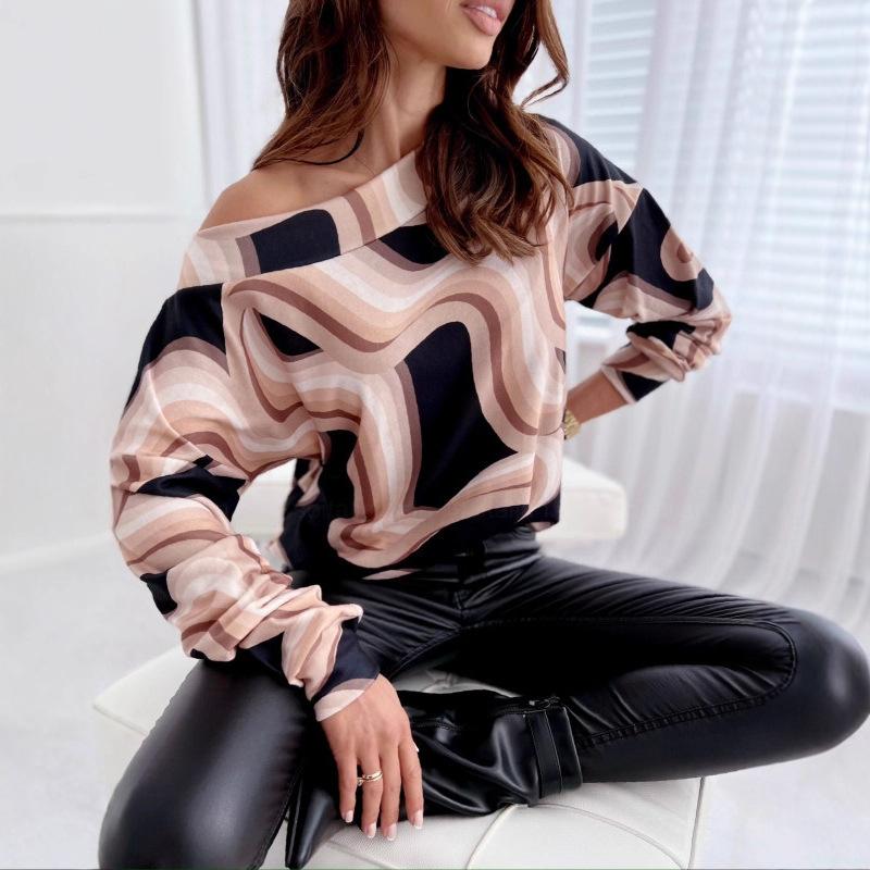 Autumn and Winter Long Sleeves Loose Shoulder Sleeves Leopard Print Top Women's Clothing