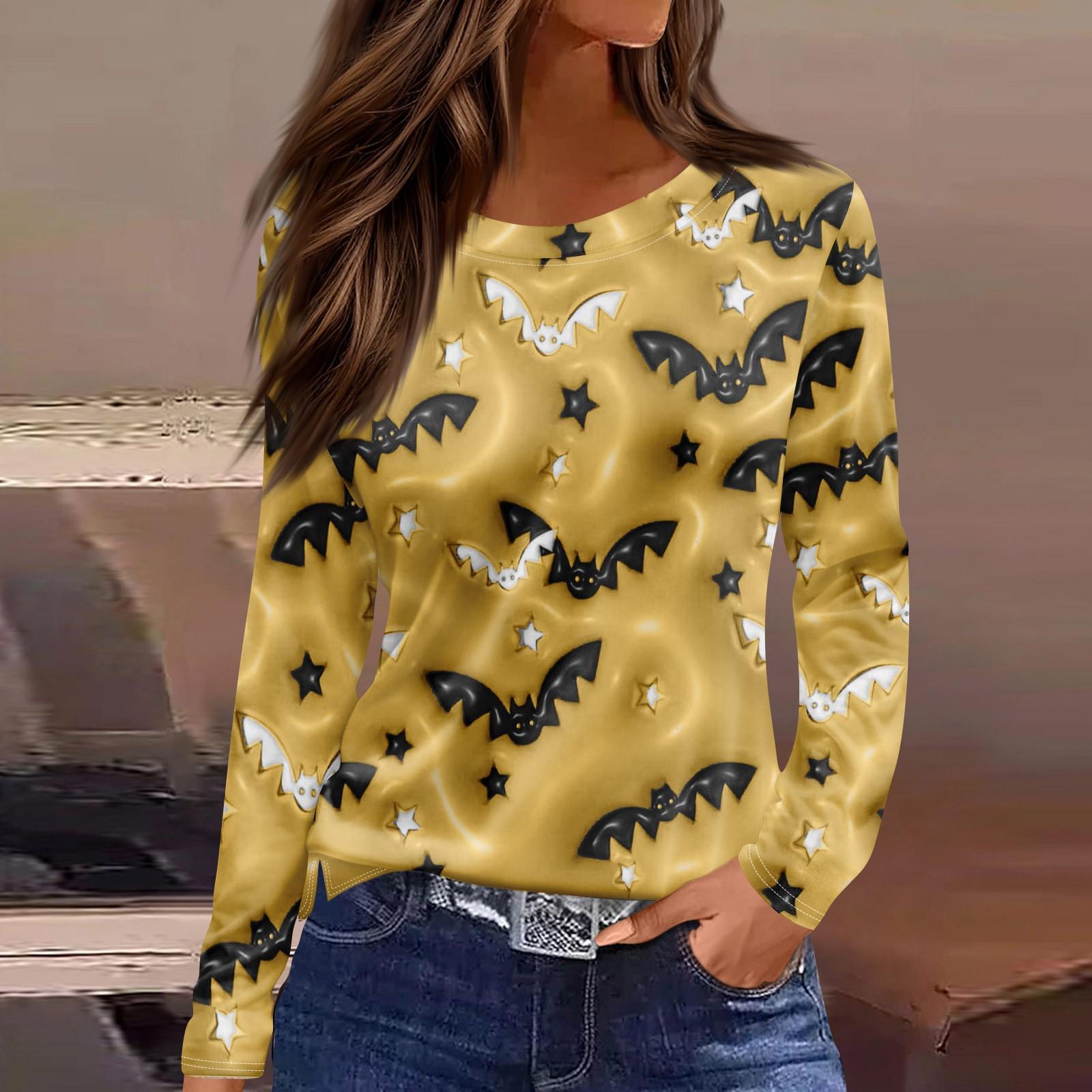 

Женская модная повседневная футболка с разрезом по подолу, принтом на Хэллоуин, круглым вырезом и длинным рукавом M жёлтый