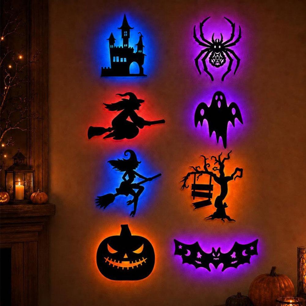 8PCS Halloween LED-Silhouette Wall Light Stickers Glow-In-The-Dark Bats Spiders Wall Decor Spookys Pumpkins Spiders Tree Decor