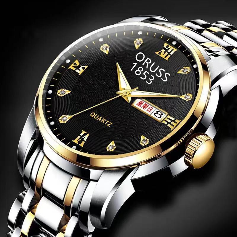 Automatische Uhrwerk Quarzuhr Uhr Herren wasserdichte leuchtende Armbanduhr Doppelkalender Diamanten Freizeituhr