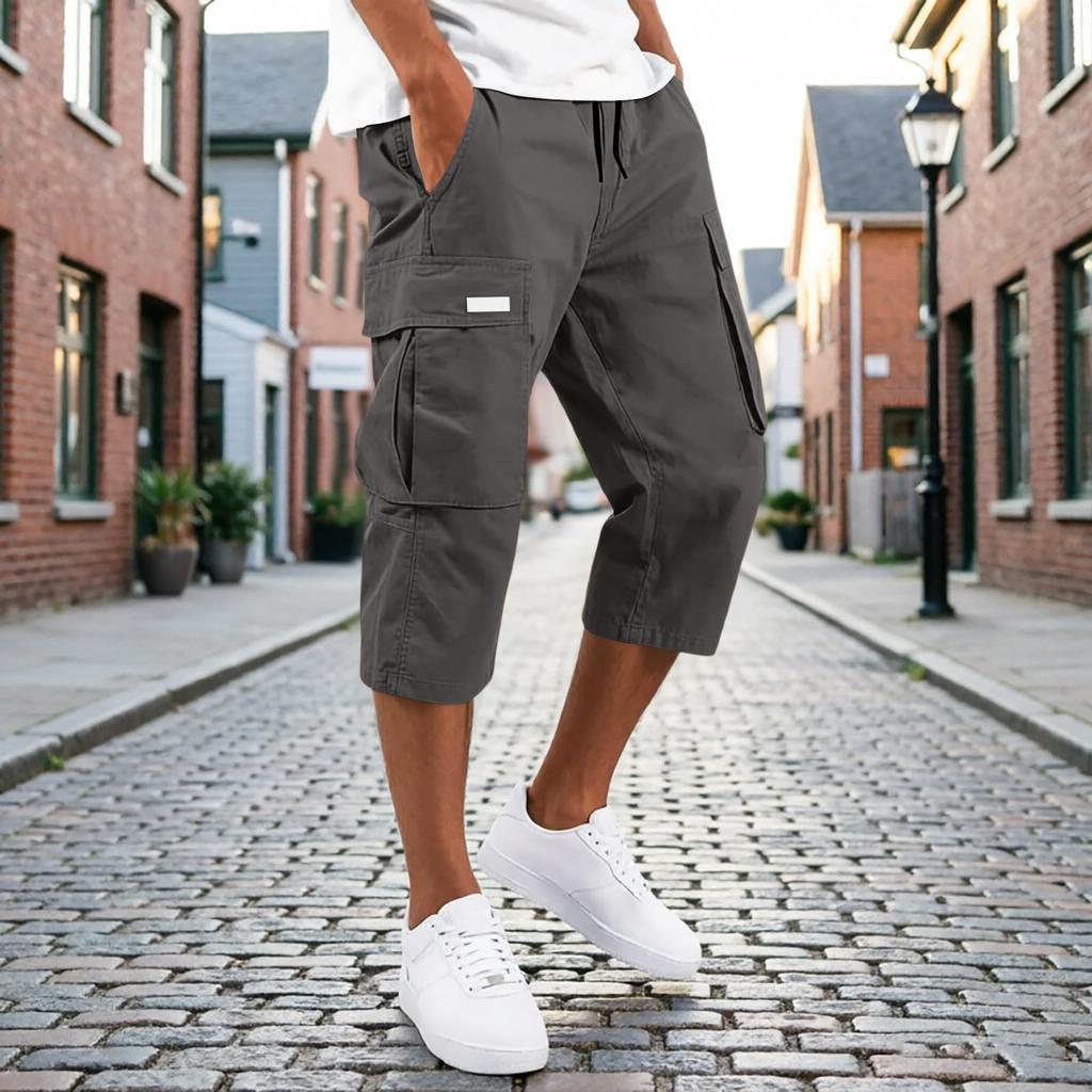 Men’s Drawstring Waist Multi Pocket Cargo Capri Pants Relaxed Fit Seven Quarter Length Casual Trousers for Everyday Wear