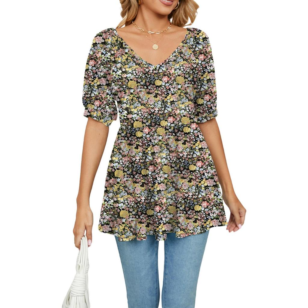Summer Women's T-shirt V-neck Printed T-shirt Bubble Short Sleeve Drawstring Tops