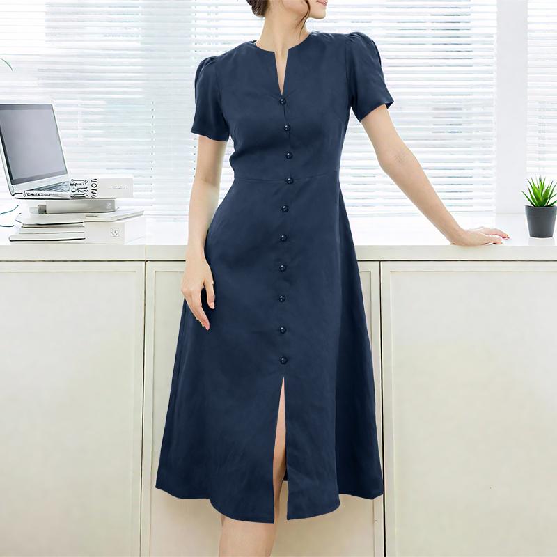 

ZANZEA Женское повседневное платье с V-образным вырезом, разрезом спереди и короткими рукавами 4XL тёмно-синий