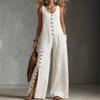 Sleeveless Wide Leg Jumpsuit for Women with Button Down Front and Side Pocket Loose Fit Casual Overalls Romper