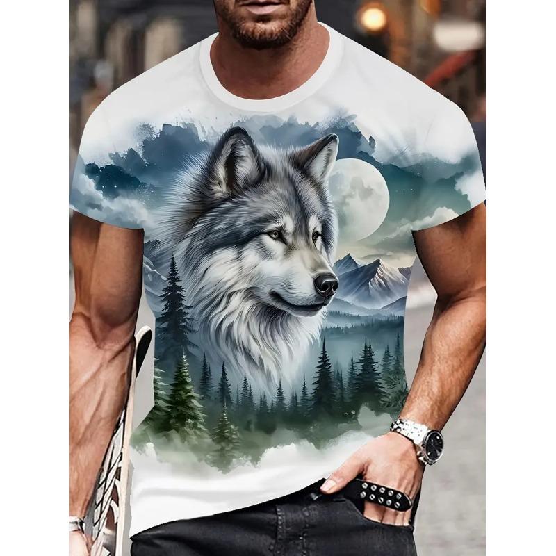 Men's 3D Printed T-shirt Casual Round Neck Lightweight Summer Trend Fashionable Versatile Wolf Pattern T-shirt