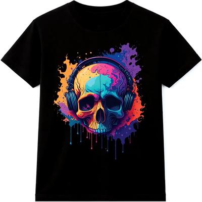 Skull Headphones T Shirt DJ Music Lover Graphic Tee Paint Splash Design