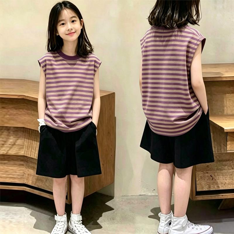 Trendy Girls' Colorblock Striped Vest & Sleeveless Top Set – Korean Style for Summer