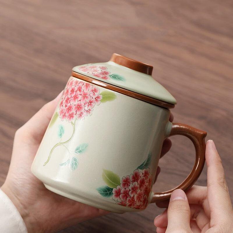 Shangqi Ru Kiln Pink Hydrangea Ceramic Tea Cup with Lid