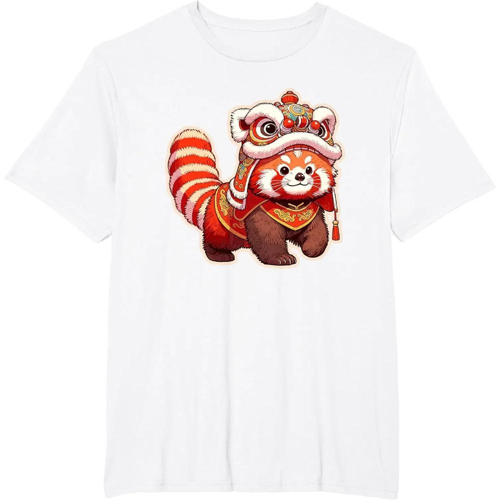 Chinese New Year Red Panda Lion Dance Lunar New Year T-Shirt  Kawaii Clothes  Graphic T Shirts  Clothing