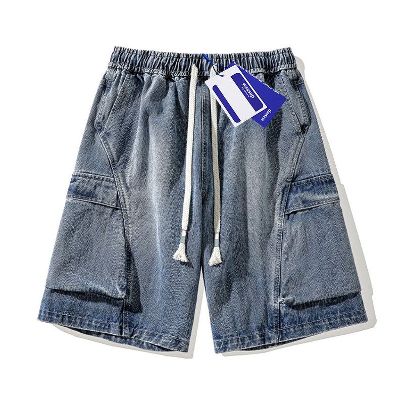 Wassup Trendy Retro Washed Workwear Denim Shorts for Men, Summer Thin American-Style Straight-Leg Men's Five-Point Pants