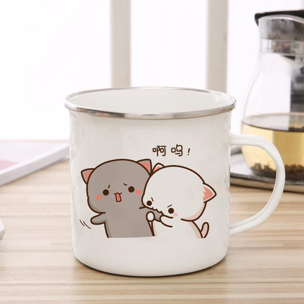 New Peach and Goma Cat Enamel Coffee Tea Cup Cute Animal Breakfast Dessert Milk Water Cup Couple Gift Original Breakfast Cups