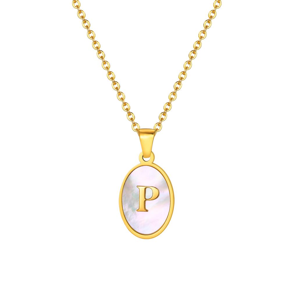 Vnox Women's Pretty Letters Necklace, Stainless Steel Oval White Shell Letter A-Z Pendant, Gold Color Jewelry Gifts