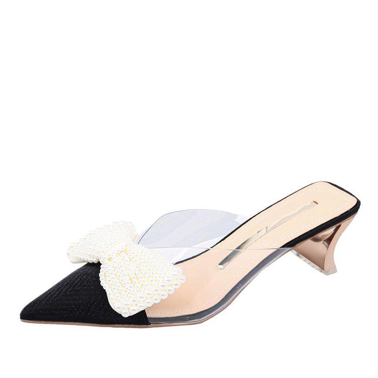 Baotou Half Slippers Women's 2025 New Women's Shoes Summer Bow Pointed Fairy Wind Thick Heel Pointed Cold Slippers