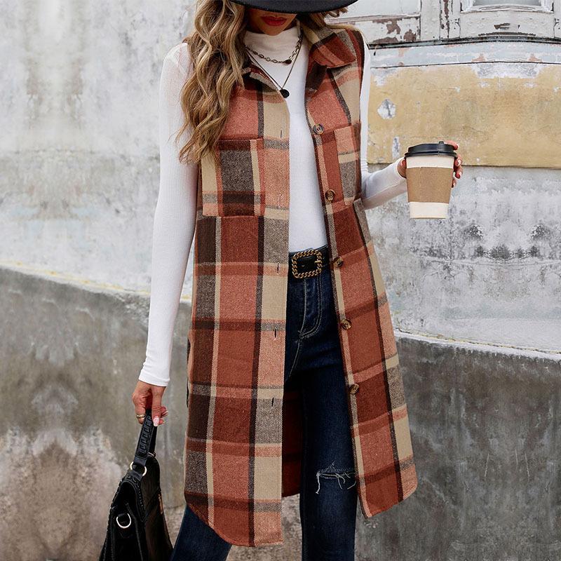 Autumn and Winter New Sleeveless Lapel Plaid Vest Jacket Retro Medium and Long