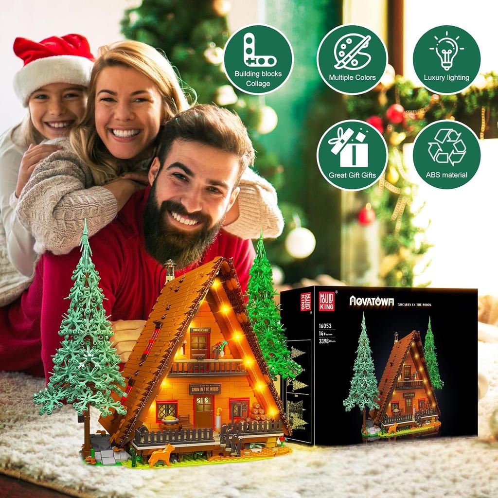 MOULD KING 16053 Streetview Baustein Die MOC Weihnachtshütte im Wald mit Led-Teilen Modell Spielzeug Kinder Weihnachtsgeschenke