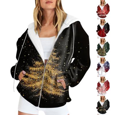 Moda casual feminina estampada manga comprida pulôver moletom com zíper casaco