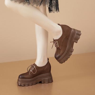 Small Leather Shoes Women's 10cm Inner Height Increase Front Lace-up Single Shoes Genuine Leather 2025 New Thick-soled Ultra-high Heel Muffin Bottom