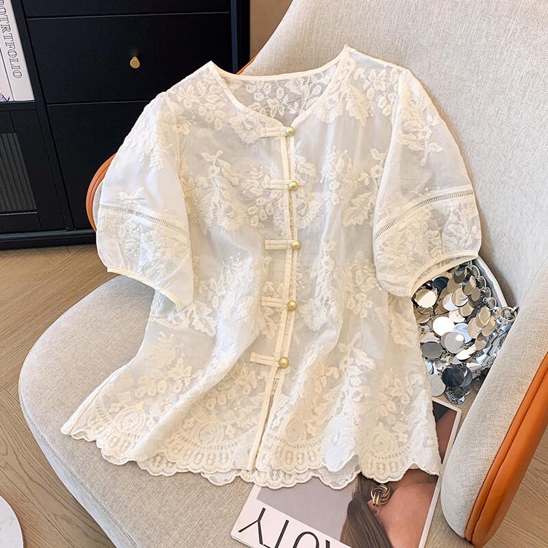 La Chapelle Elegant Oriental Embroidered Jacquard Blouse XL