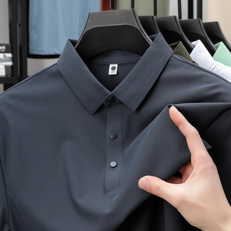 Pánské letní polo tričko z ledového hedvábí - Elastické, nemačkavé, jednobarevné, krátký rukáv, Business Casual s límečkem.