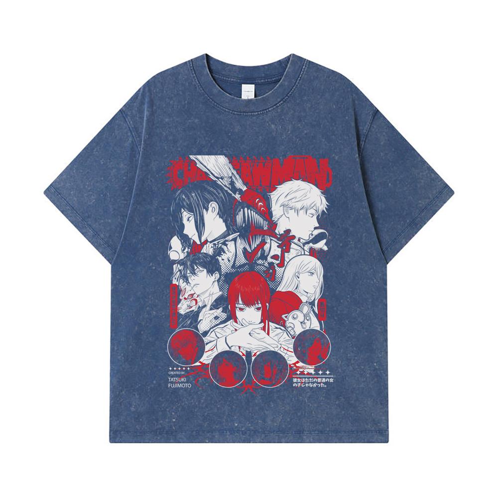

275 GSM Washed T-shirts 100% Cotton Chainsaw Man V60 Print Unisex Heavy Cotton T Shirt 2XL королівський синій колір